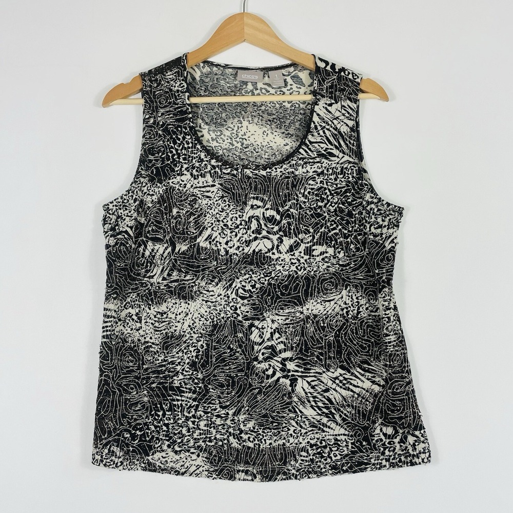 Chico's Tank Top Women 1 Medium Beige Black Animal Raw Stitch Shirt Artsy Boho